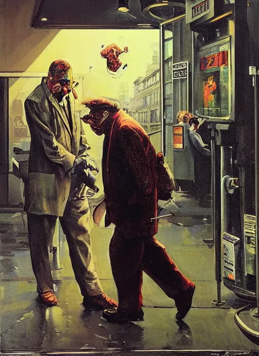 Image similar to a dariusz zawadzki painting of a creature covered in tripophobic holes walking towards a man at a gas station, full view, concept art, extremely high details, francis bacon, norman rockwell, hyper realistic high quality scene of the end of the world by francis bacon and edward hopper, horror art, scene from godfather