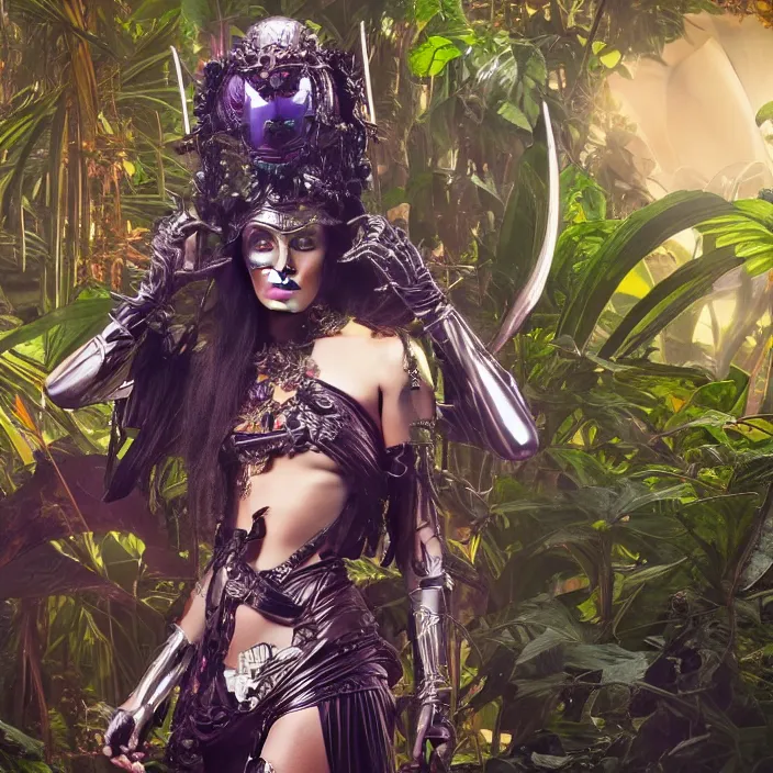 Image similar to mystical evil android queen with obsidian eyes, wearing an elaborate helmet, in a jungle, octane render, 8 k, unreal engine, by todd mcfarlane and artgerm and greg rutkowski and alphonse mucha