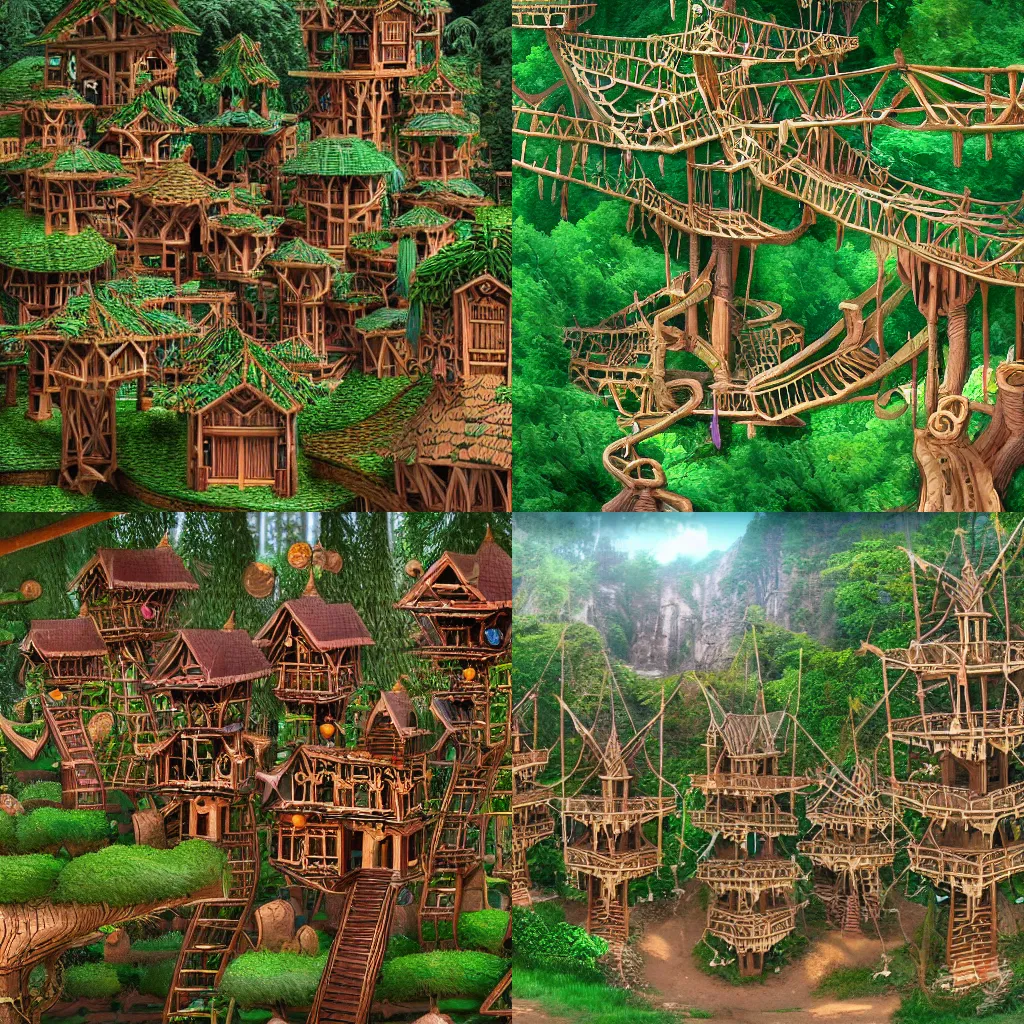 Prompt: treetop elf village made up of treehouses and connected by rope bridges. Elaborate fancy wood-carved decorations. Street level view. Detailed digital art trending in artstation