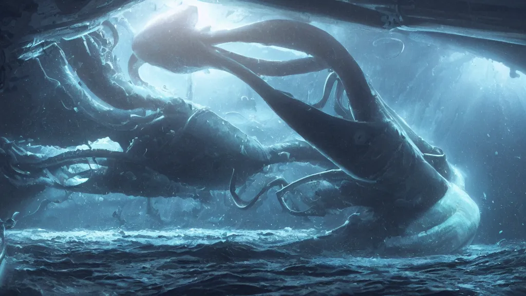 Image similar to a photorealistic hyperrealistic underwater render of a giant squid attacks a deep sea submersible with bright headlights by greg rutkowski, james paick, wlop, nicolas bouvier sparth, stephan martiniere, dramatic moody lighting, underwater caustics, volumetric, light rays, cinematic atmosphere, octane render, artstation, 8 k