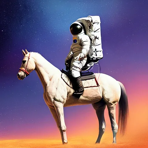 Prompt: a horse on top of a man, the astronaut is carried by the horse, hyperrealism, no blur, 4 k resolution, ultra detailed, style of ron cobb, adolf hiremy - hirschl, syd mead, ismail inceoglu, rene margitte