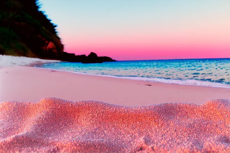 Image similar to a vintage family holiday photo fuji kodak of an empty beach shore with pastel pink sand reflective metallic water and sunbathing equipment at dusk.