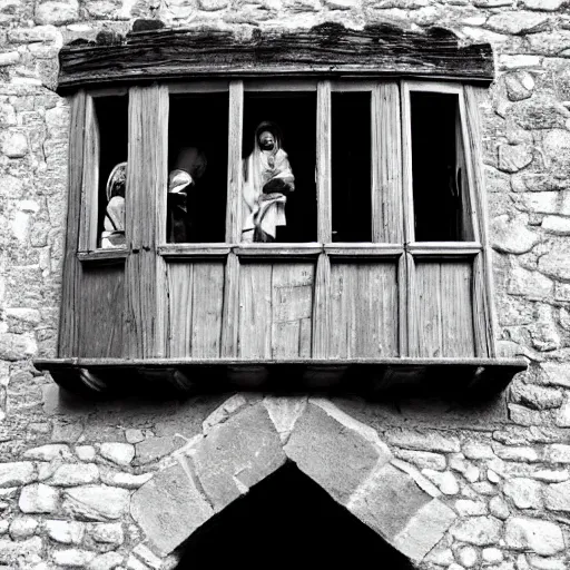 Image similar to james webb photography outside castle window in medieval times, black and white photography