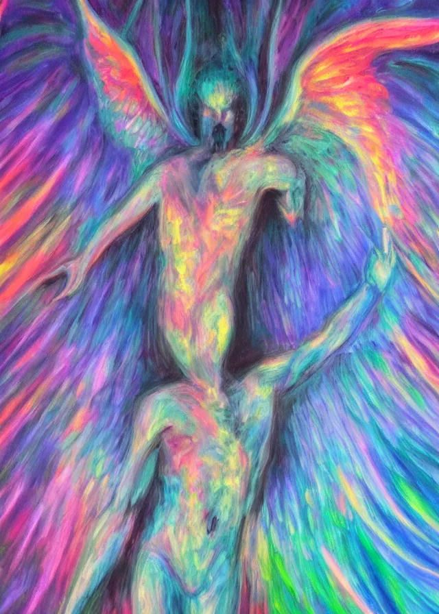 Image similar to Lucifer of the lunar mythos mercurial (surreal) angel mist, award winning oil painting, chromatic aberration polychromatic color palette radiant colors