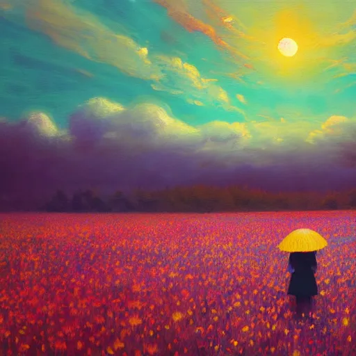 Prompt: girl with a flower face, surreal photography, bizzare, dreamlike, otherworldly, standing in flower field, in a valley, sunrise dramatic light, impressionistic painting, colorful clouds, artstation, simon stalenhag