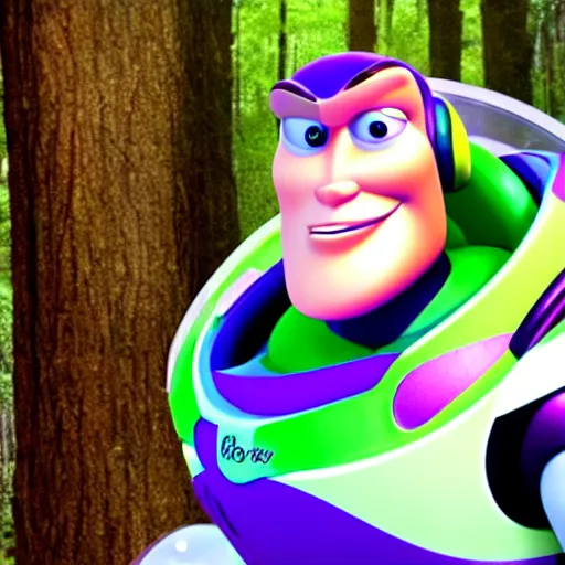 Image similar to realistic buzz lightyear in the woods with scary 4 k quality super realistic