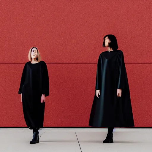 Image similar to photographic portrait of 2 clones in front of a brutalist metal building, 2 techwear women, on a desolate plain, red sky, black oversized clothes, sigma 8 5 mm f / 1. 4, 4 k, depth of field, high resolution, 4 k, 8 k, hd, full color