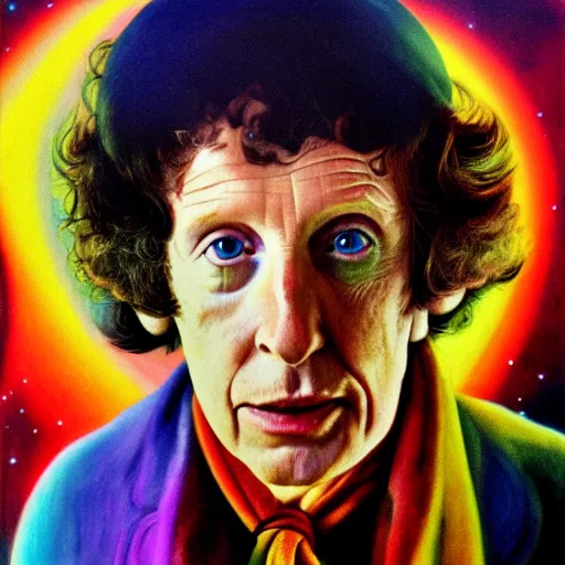Image similar to tom baker using his scarf to fly, psychedelic, clouds, 4 k, intricate high details, sharp, 1 9 7 7, photo realistic, matt finish, realistic shadows, psychedelic