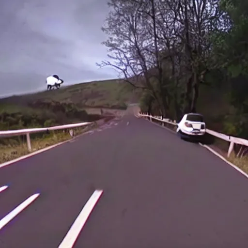 Prompt: dashcam footage of an alien spaceship abducting a cow