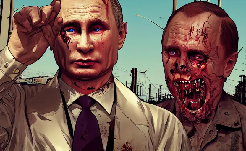 Image similar to Putin Zombie in GTA V, cover art by Stephen Bliss, artstation, no text