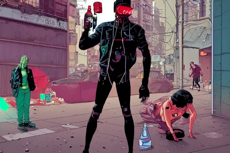 Image similar to cyborg drinking Coke at a dirty crouded streetcorner, cyberpunk, by Josan Gonzalez and Tomer Hanuka and Moebius