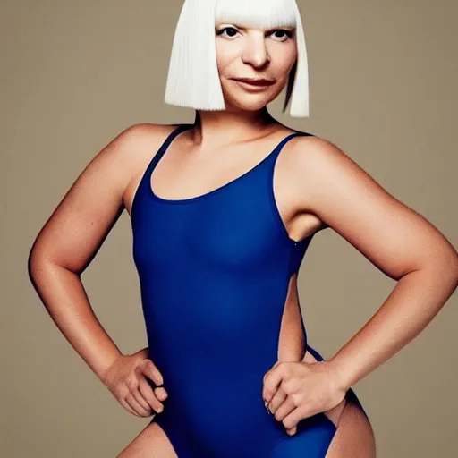 Image similar to sia furler wearing a skin colored leotard full body artistic photoshoot