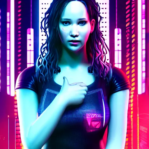 Image similar to jennifer lawrence portrait, cyberpunk 2 0 7 7, cyberpunk judy alvarez, photorealistic, ultra detailed, neon, octane, bokeh, cinematic lighting, cyber, cyberpunk city, studio quality, feature, scars, cyberface, 8 k