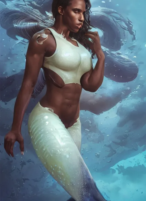 Image similar to dramatic upper body portrait of Megalyn Echikunwoke as a dark-skinned mermaid by Ruan Jia and Mandy Jurgens and Artgerm and william-adolphe bouguerea, underwater, white lilies, shells, mirror, marvel comics, intricate, highly detailed, smooth, artstation, digital illustration by julie bell and Ruan Jia and Mandy Jurgens and Artgerm and William Adolphe Bouguereau and John Collier and Greg Rutkowski and Frank Frazetta