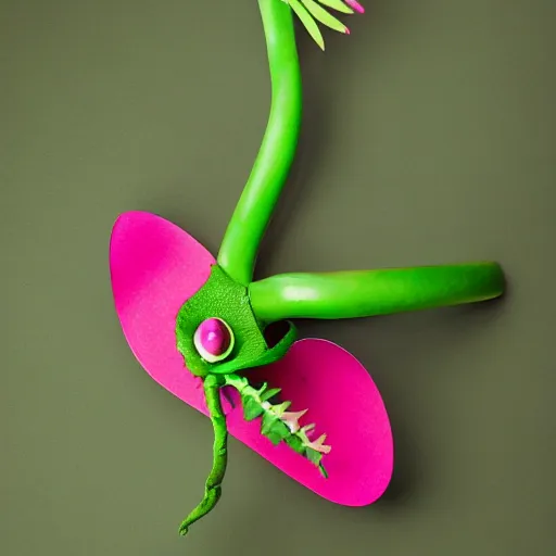 Image similar to studio photograph of a thin green vine creature with vine limbs and a pink blooming flower mouth with many sharp teeth