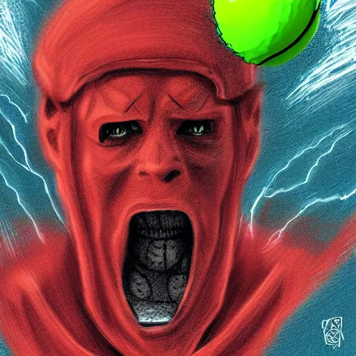 Image similar to a eminem tennis ball monster, tennis ball, lightning, chalk, digital art, fantasy, magic, trending on artstation, ultra detailed, professional illustration by Basil Gogos