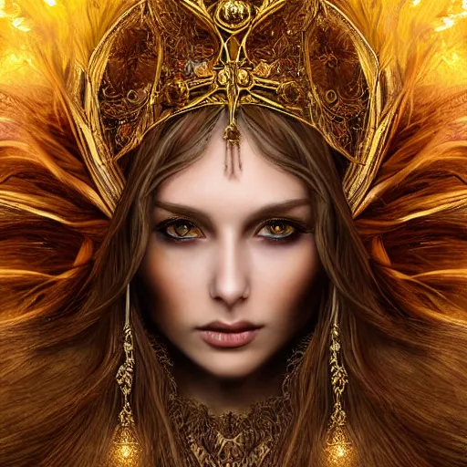 Image similar to highly detailed sharp photorealistic portrait of a beautiful lithuanian female priestess with shimmering hair, symmetrical face and eyes, dressed in intricate flowing silk, the silky cloth lined with golden glowing letters, cgsociety, Elden Ring, Dark Souls, Bloodborne H 640