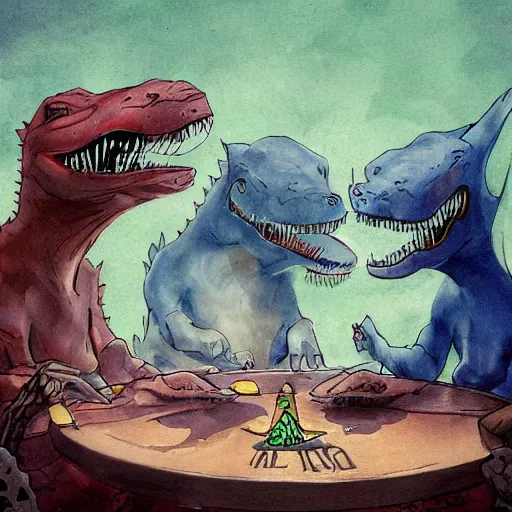 Image similar to Dinosaurs playing poker at the prehistoric dawn cave casino drawn with a left hand.