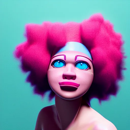 Image similar to a cyclops girl with a blue eye. pink afro hair. big mouth. 4k. ultrarealistic. render in octane