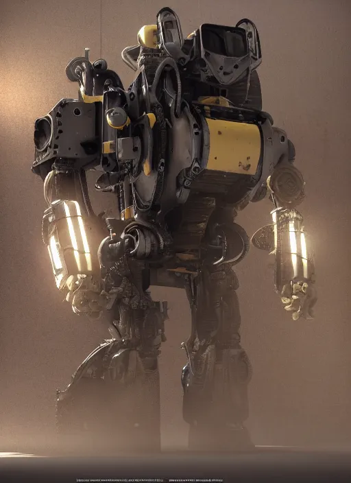 Image similar to a photorealistic dramatic hyperrealistic render of a futuristic exosuit power excavator heavy machinery, ultra realistic details, glossy yellow, well worn, rust, oil stains by vitaly bulgarov and mike nash, beautiful dramatic dark moody tones and lighting, cinematic atmosphere, studio lighting, global illumination, shadows, dark background, octane render, 8 k