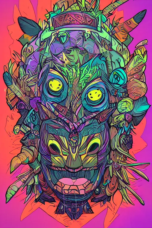 Image similar to totem animal mask tribal feather gemstone plant wood rock shaman vodoo video game vector illustration vivid multicolor borderlands comics by josan gonzales and dan mumford radiating a glowing aura