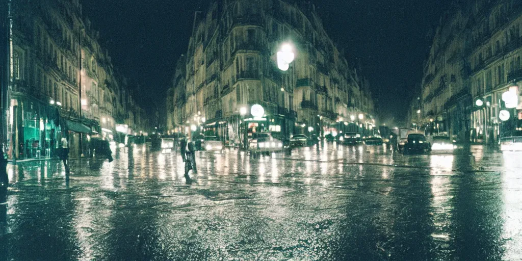 Image similar to street of paris photography, night, rain, mist, cinestill 8 0 0 t, in the style of william eggleston