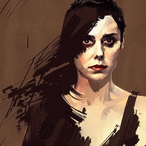 Image similar to alison brie as furiosa, intricate, elegant, highly detailed, greg manchess, mucha, liepke, ruan jia, jeffrey catherine jones, ridley scott