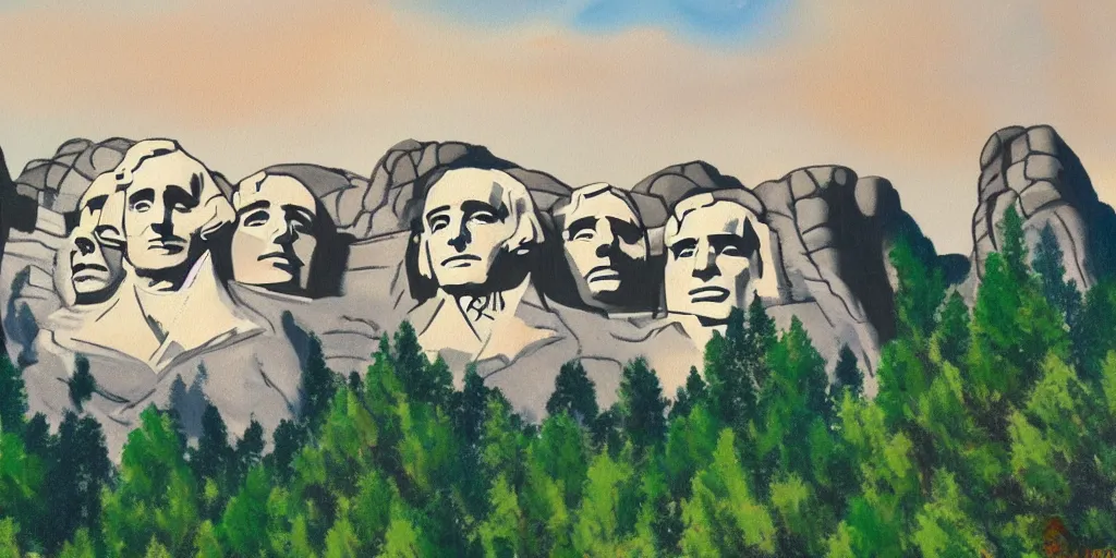 Image similar to a painting of mount rushmore by bob ross