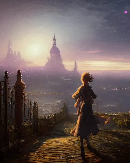 Prompt: over the shoulder landscape painting of violet evergarden, behind are distant lights from an old european city, next to the reflecting ocean, nighttime, by Philipp A. Urlich and Pengzhen Zhang and Andreas Rocha, fantasy, intricate, elegant, highly detailed, digital painting, artstation, blender, unreal engine 5, octane render, smooth, sharp focus, illustration