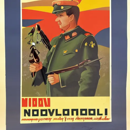 Image similar to soviet propaganda poster depicting a dromaius novaehollandiae in military uniform