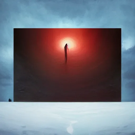 Image similar to a painting of a person standing in the snow, a surrealist painting by zdzisław beksinski and by alena aenami, deviantart, nuclear art, dystopian art, apocalypse landscape, surrealist