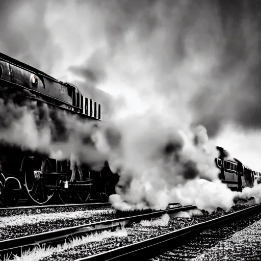 Image similar to train with steam locomotive leaving the station, dramatic cinematic angle and lighting