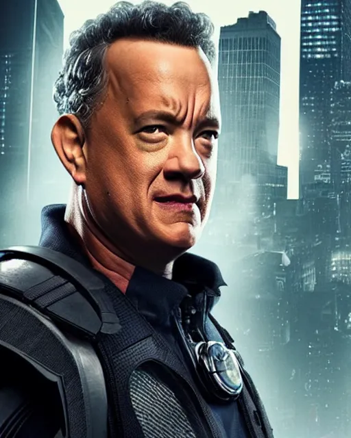 Prompt: tom hanks as a superhero in a dystopian city, aesthetic octane render, 8 k hyperrealistic, futuristic