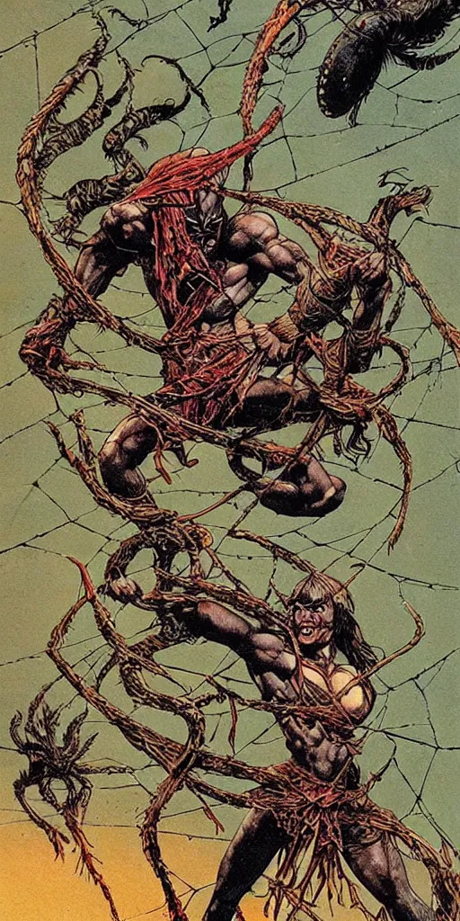 Prompt: “ conan the barbarian leaping to attack a giant black spider, red eyes ” “ a beautiful woman is tied up in spider webs ” val semeiks, barry windsor smith, john buscema, ernie chan, earl norem.