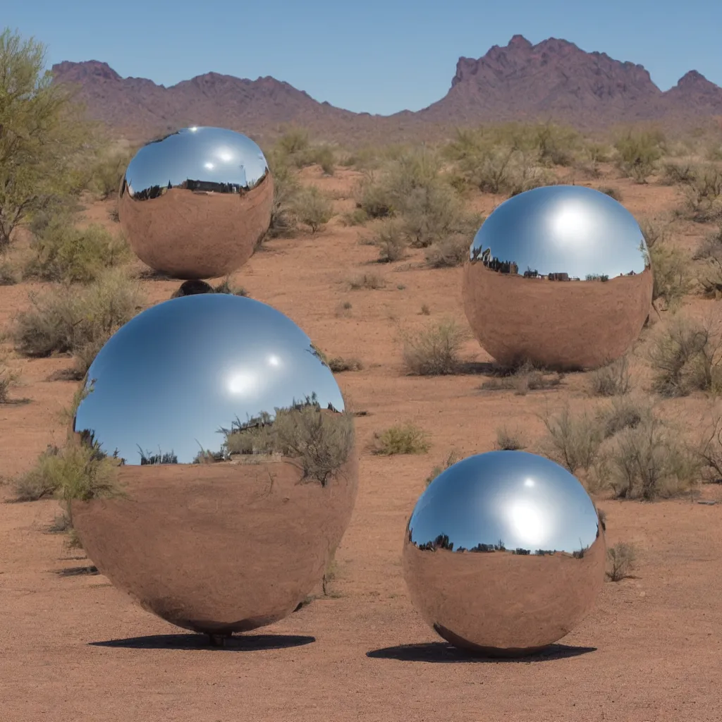 Image similar to a large metallic ball with a mirror finish sits in the arizona desert