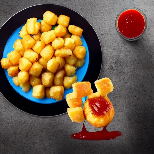 Image similar to food photo of channing tatum's face as giant tater tot on a plate with ketchup