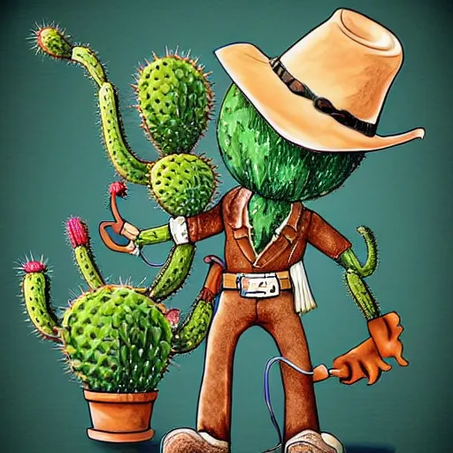 Prompt: anthropomorphic cactus, cowboy, higher detailed illustration, badass composition - 9