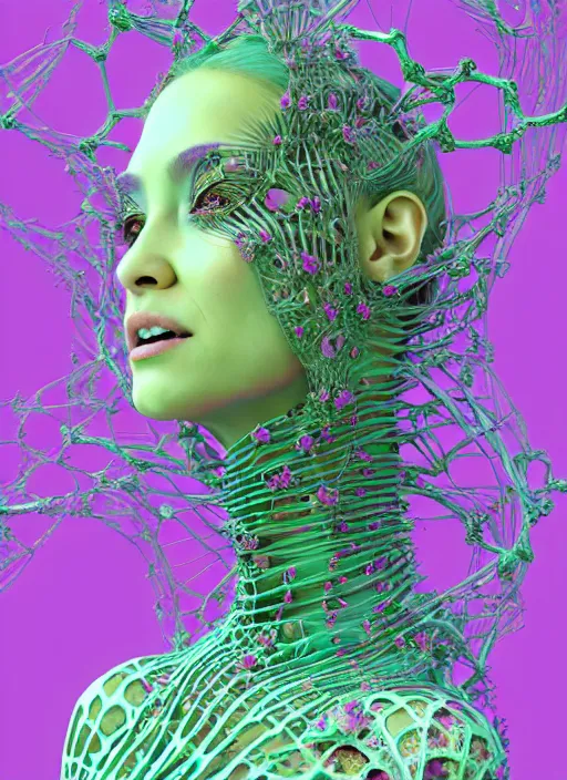 Image similar to hyper detailed 3d render like a sculpture - profile subsurface scattering (a beautiful fae princess protective playful expressive from that looks like a borg queen wearing a sundress made of flowers) seen red carpet photoshoot in UVIVF posing in caustic light pattern pool of water to Eat bite of the Strangling network of yellowcake aerochrome and milky Fruit and His delicate Hands hold of gossamer polyp blossoms bring iridescent fungal flowers whose spores black the foolish stars by Jacek Yerka, Ilya Kuvshinov, Mariusz Lewandowski, Houdini algorithmic generative render, golen ratio, Abstract brush strokes, Masterpiece, Victor Nizovtsev and James Gilleard, Zdzislaw Beksinski, Tom Whalen, Mark Ryden, Wolfgang Lettl, hints of Yayoi Kasuma and Dr. Seuss, Grant Wood, octane render, 8k, maxwell render, siggraph