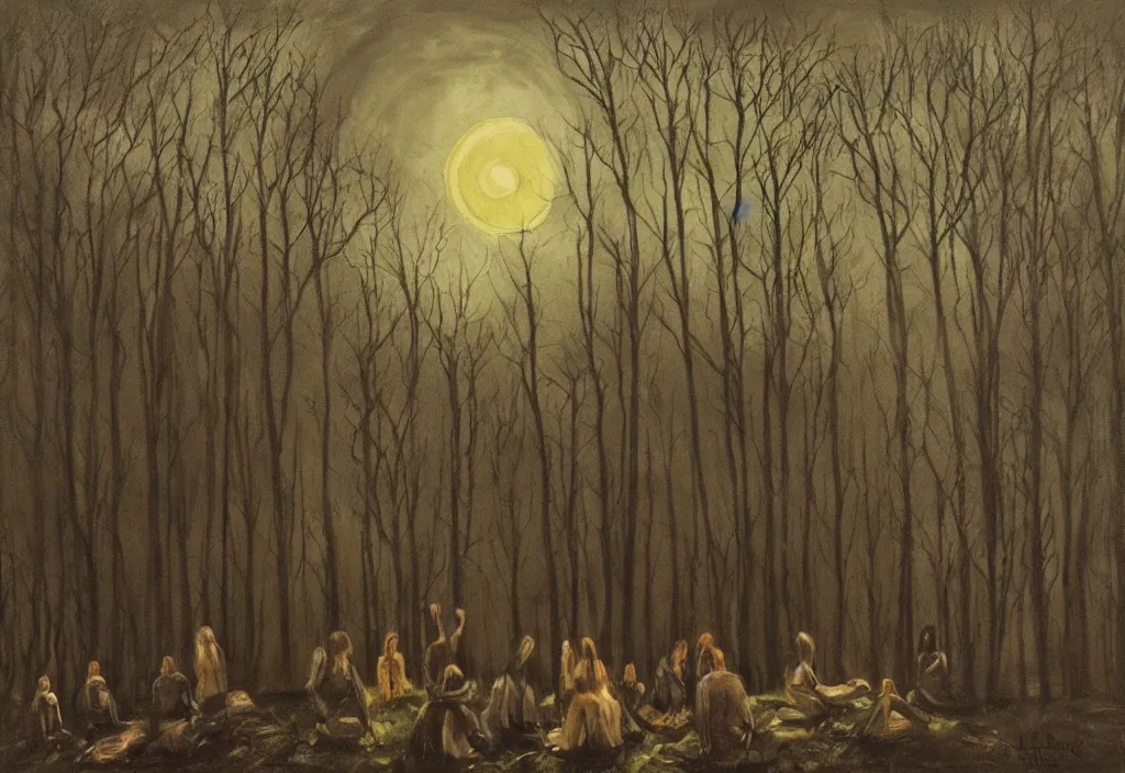 Image similar to a tribe of women gathered in a forest, north, mysterious, dark, oil painting, ominous, night sky, full moon, by hjalmar munsterhjelm, by fanny churberg