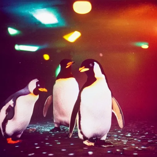 Prompt: two penguins in disco nightclub, ektachrome,