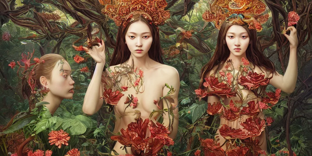 Prompt: breathtaking detailed concept art painting of the goddess of rafflesia arnoldii flowers, orthodox saint, with anxious, piercing eyes, ornate background, amalgamation of leaves and flowers, by Hsiao-Ron Cheng, James jean, Miho Hirano, Hayao Miyazaki, extremely moody lighting, 8K