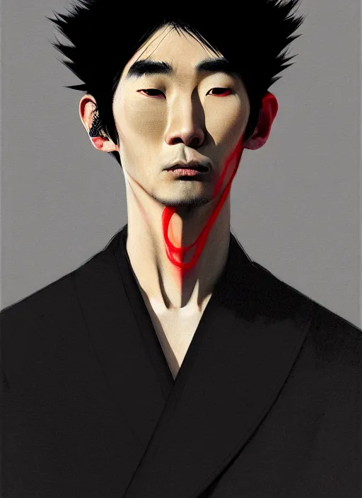 Prompt: portrait of a japanese man with a crooked nose and a confident expression, 1 9 6 0 s, black clothes, goth, punk, brightly coloured hair, funk, intricate, elegant, highly detailed, digital painting, artstation, concept art, smooth, sharp focus, illustration, art by wlop, mars ravelo and greg rutkowski