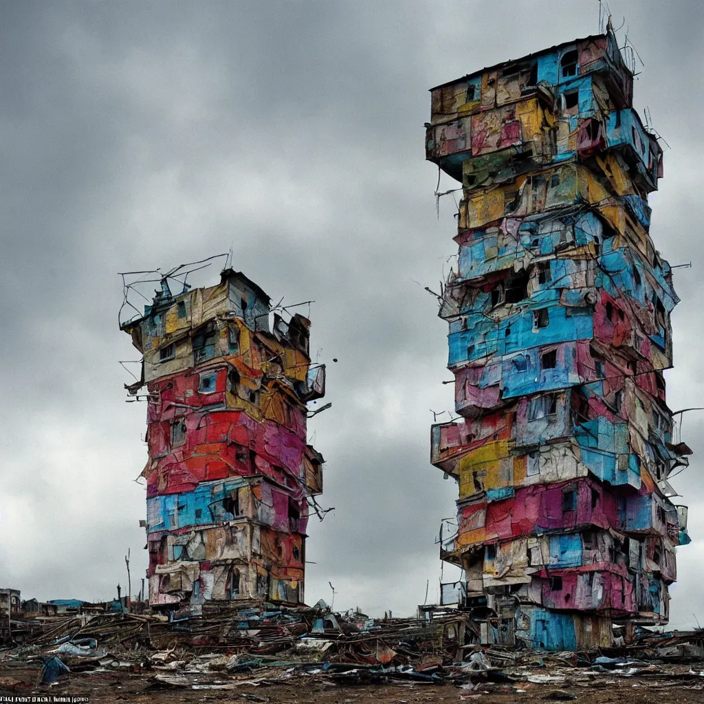 Image similar to close - up view of a tower made up of colourful makeshift squatter shacks with bleached colours, moody cloudy sky, dystopia, mamiya, fully frontal view, very detailed, photographed by bruno barbey
