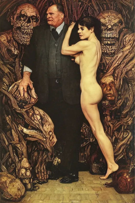 Image similar to full length portrait of morgan aste as a hugel gangster wearing a white suit beside a smaller man by lawrence alma tadema and zdzislaw beksinski and norman rockwell and jack kirby and tom lovell and greg staples