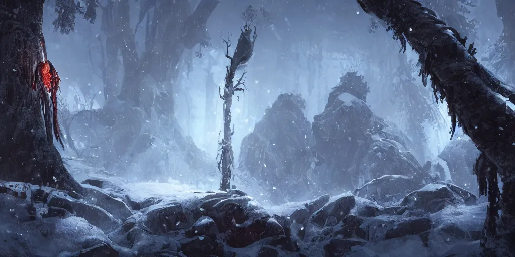 Image similar to an environmental concept art of god of war, a giant cyclops wields a tree, winter, highly detailed, environmental light, cinematic by francis tneh