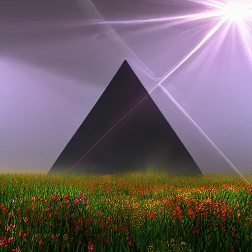 Image similar to rhythmic interval tectonic surfaces as resonant waves of harmonic organic mystical megastructure crystal lattice pyramid architectures exploding with light and god rays in a meadow full of wildflowers by albert bierstadt, by glen small, by giovanni battista piranesi, photorealistic, god rays, octane render, depth of field, volumetric light, volumetric fog, holy spirit