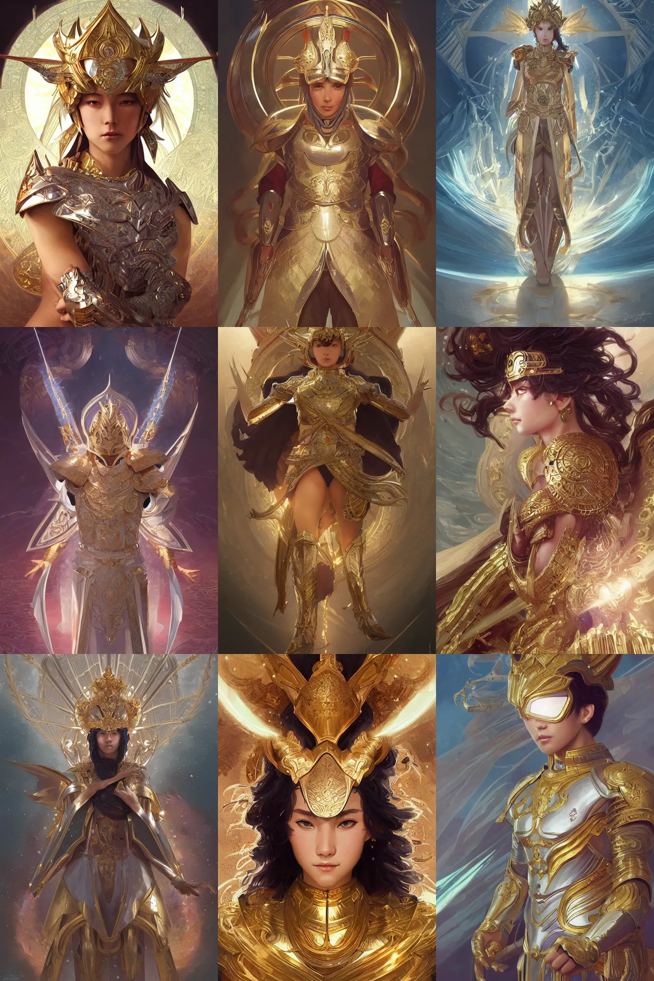 Prompt: Seiya as Knigh of Zodiac , holy light, intricate armor, elegant, highly detailed, digital painting, artstation, concept art, smooth, sharp, focus, illustration, art by artgerm and greg rutkowski and alphonse mucha