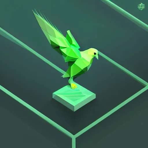 Prompt: isometric, vector, low poly, cgsociety, a green dove, black background, volumetric lighting, digital art