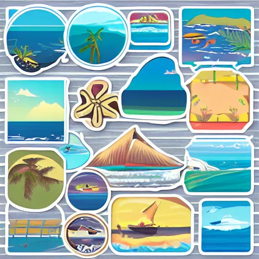 Prompt: coastal summer vacation icon sticker set