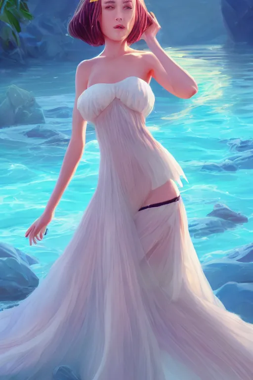 Image similar to a beautiful fashion goddness of love, chic strapless dress, tropical sea background, character design, in the style of artgerm, and wlop, cinematic lighting, hyperdetailed, 8 k realistic, symmetrical, global illumination, radiant light, frostbite 3 engine, cryengine, dof, trending on artstation, digital art